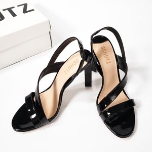 Schutz Kelly Patent Leather Dress Heeled Sandals Black